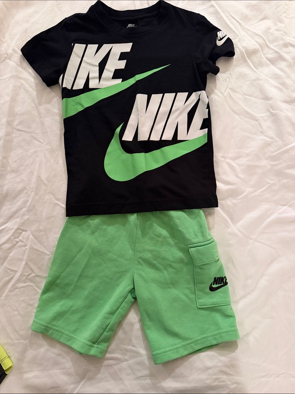 Nike Black T-Shirt with Green Swoosh & Green Shorts
